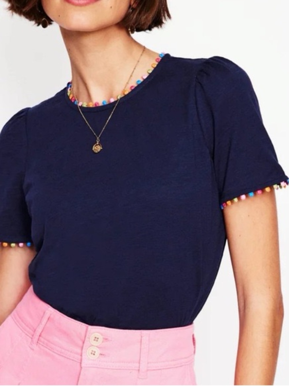 Boden Navy Blue Tee with Multicolor Pom Trim